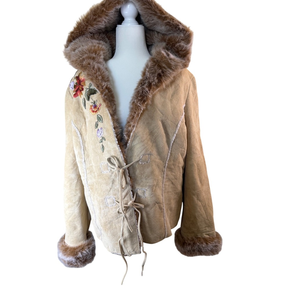Vintage Penny lane leather coat 16 Hooded Embroidered Faux Fur Y2K Boho